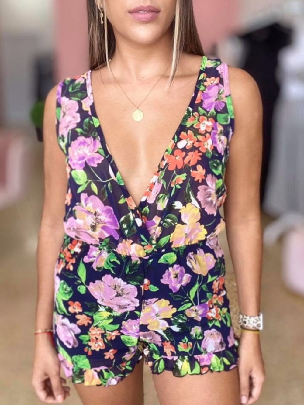 Floral V-Neck Women's Romper in Navy with Pink & Green Flowers